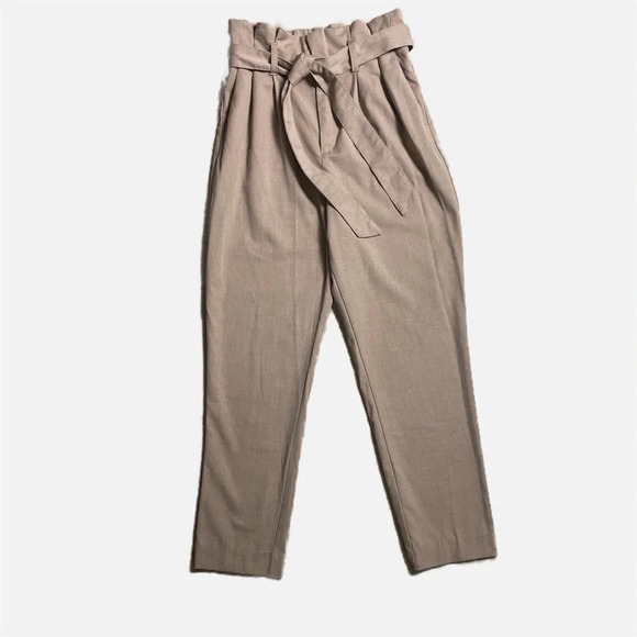 H&M Women’s Pants Trousers Paper Bag Pleated Waist Tie Size 2 Beige - Picture 8 of 8